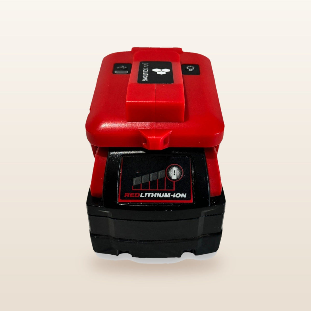 Milwaukee-compatible USB & 12V Charger with LED Light: rear view on the battery