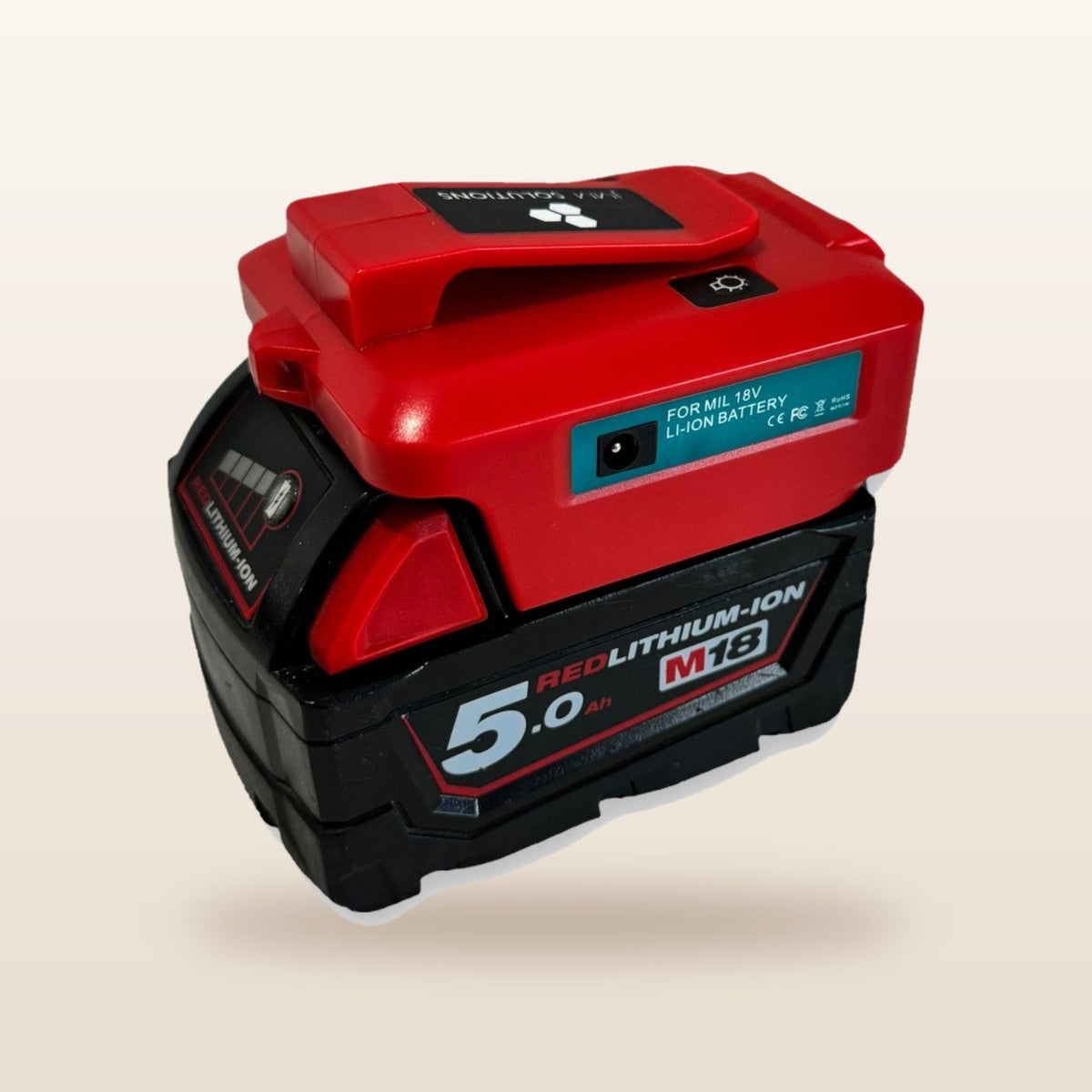 Milwaukee-compatible USB & 12V Charger with LED Light from Mr Swagman: on an 18V battery, angled view