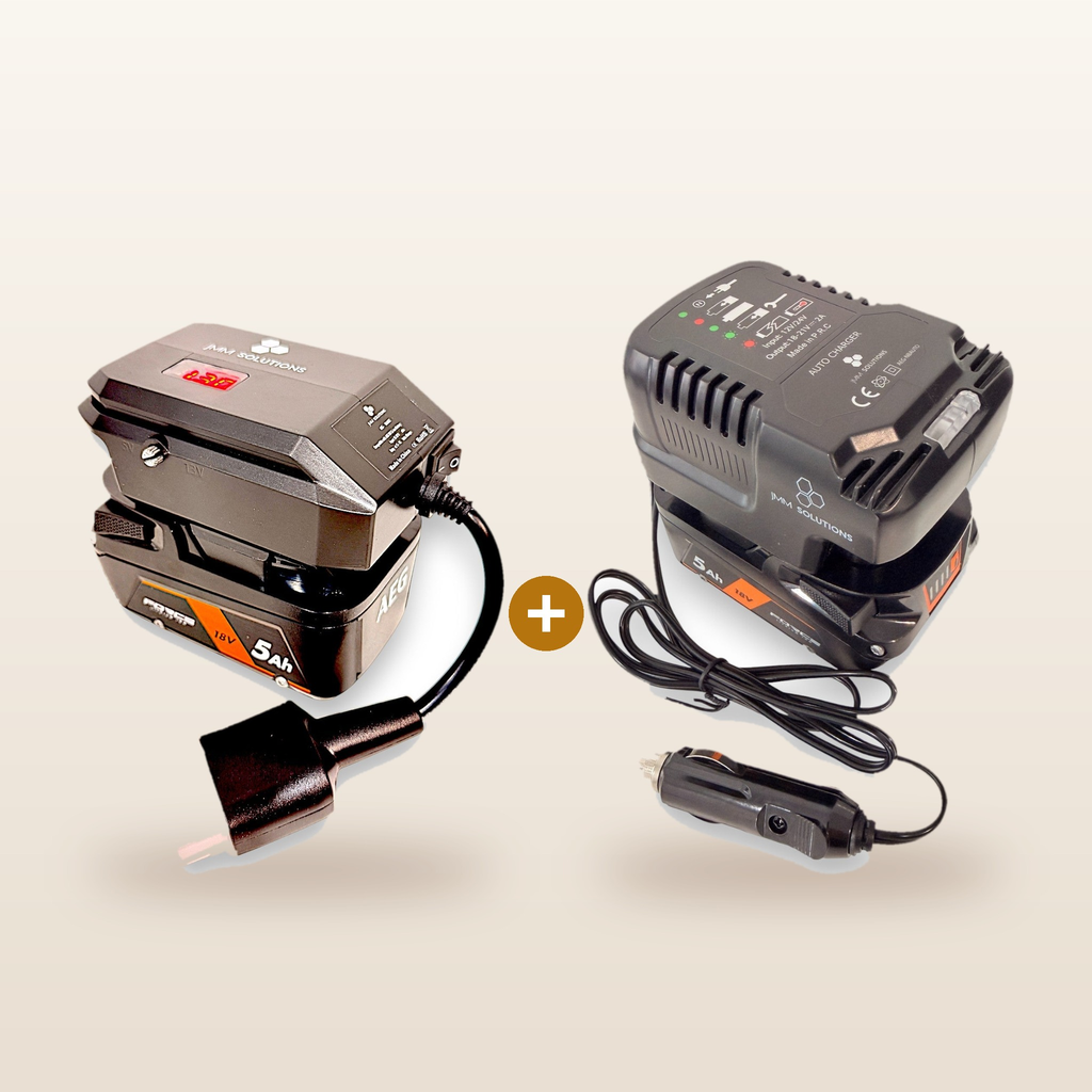 Mr Swagman AEG-compatible 18V to 12V Power Supply + Auto Charger Bundle: power supply and in-car charger on 18V batteries