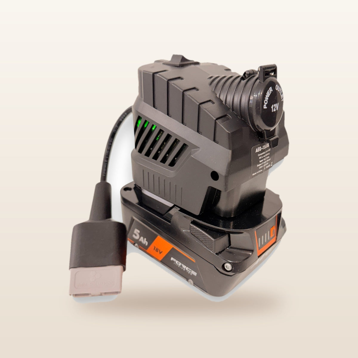 AEG-compatible Volt Step Down PRO from Mr Swagman: fitted to an 18V tool battery, with Anderson plug lead