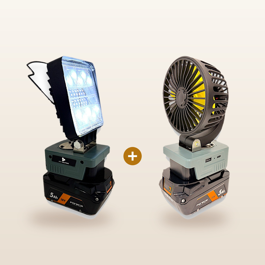 AEG-compatible 18V LED Light & Fan Bundle from Mr Swagman: LED light and 100mm fan, each on an 18V battery