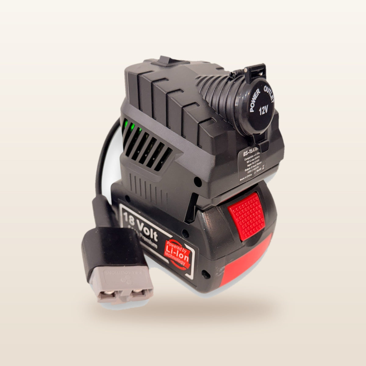 Bosch-compatible Volt Step Down PRO from Mr Swagman: fitted to an 18V tool battery, with Anderson plug lead