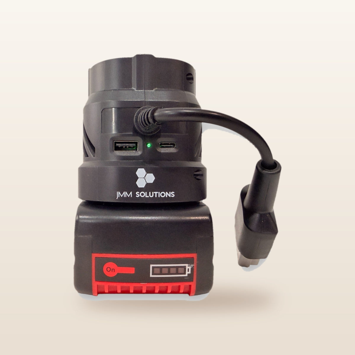 Bosch-compatible Volt Step Down PRO: side view with USB ports and Anderson lead