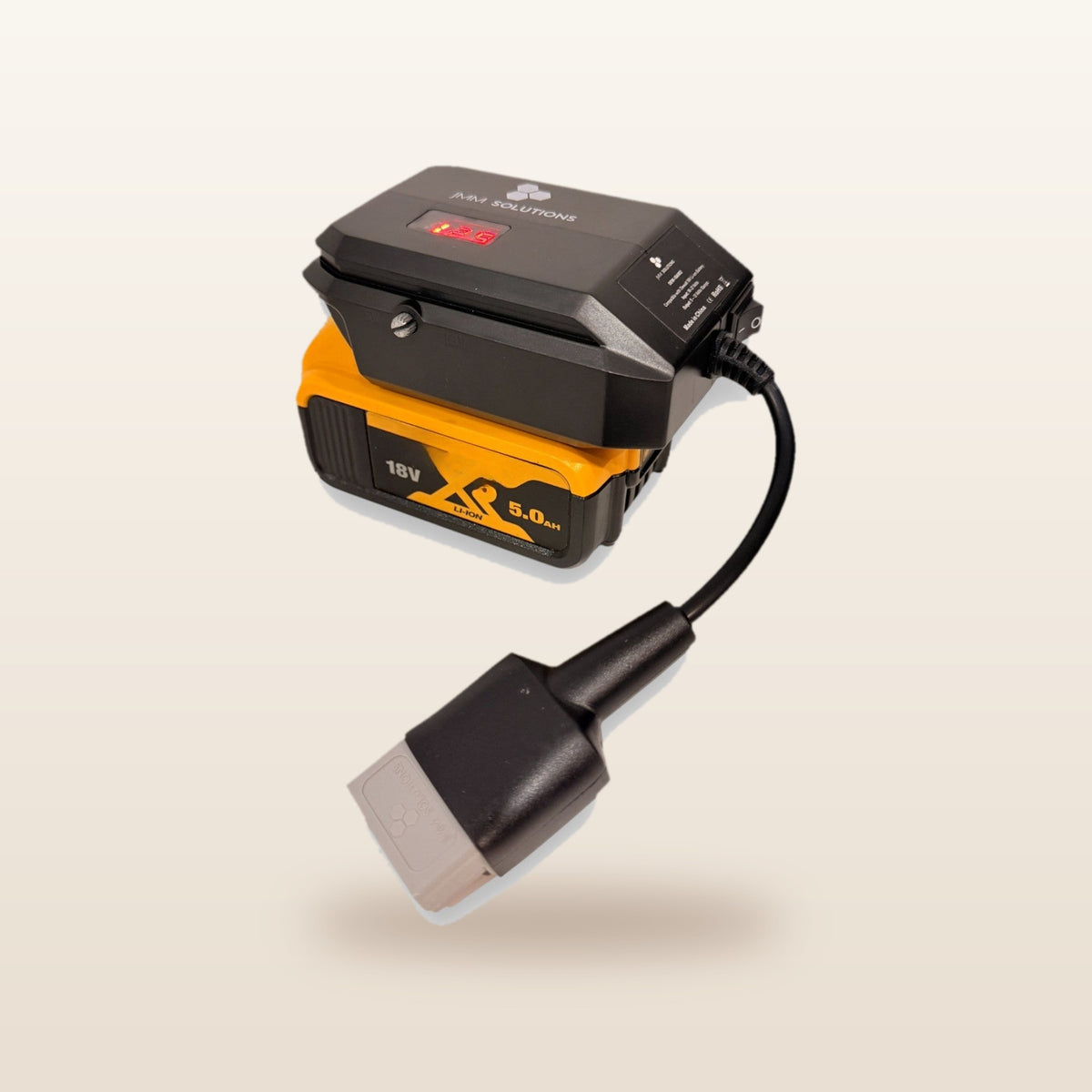 DeWalt-compatible 18V to 12V Step Down Power Supply from Mr Swagman: on an 18V tool battery, with Anderson plug lead
