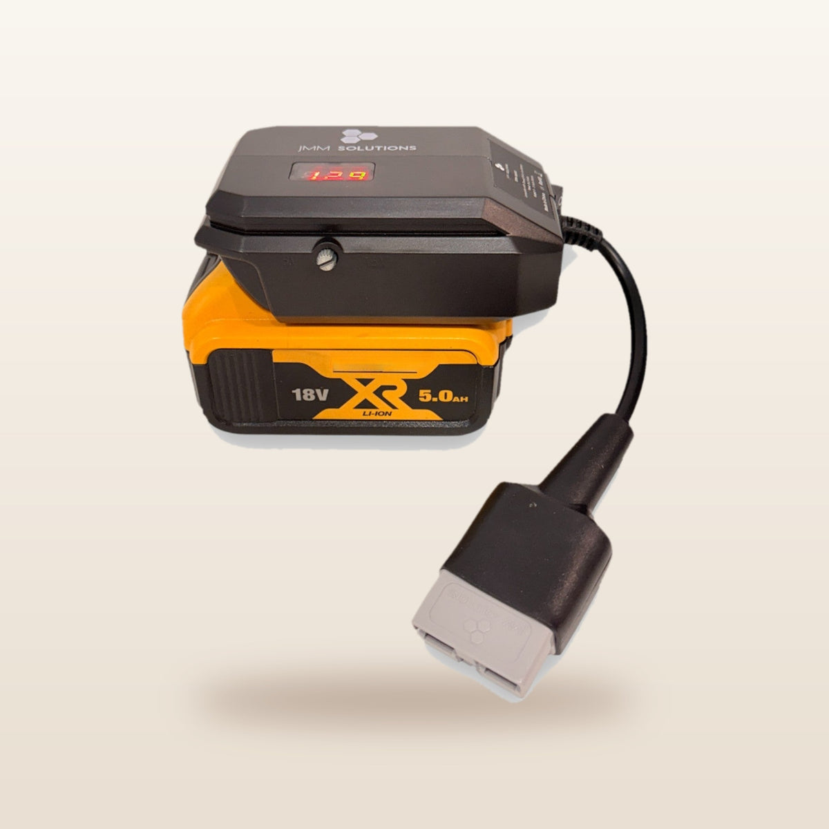 DeWalt-compatible 18V to 12V Step Down Power Supply: side view on the battery with Anderson lead