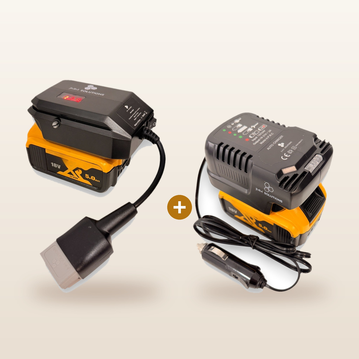 Mr Swagman DeWalt-compatible 18V to 12V Power Supply + Auto Charger Bundle: power supply and in-car charger on 18V batteries