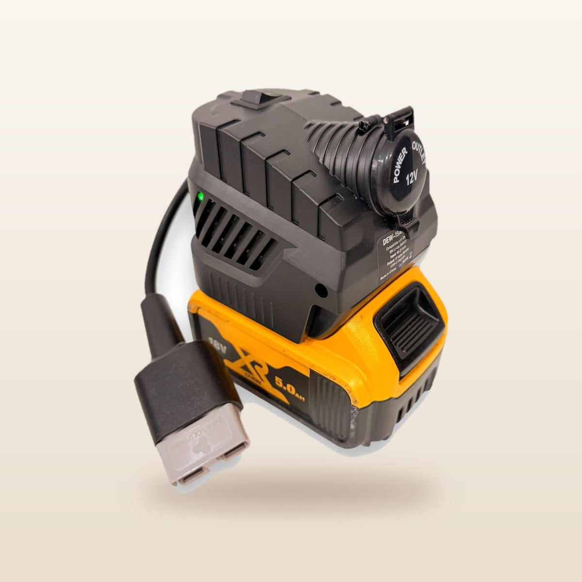 DeWalt-compatible Volt Step Down PRO from Mr Swagman: fitted to an 18V tool battery, with Anderson plug lead