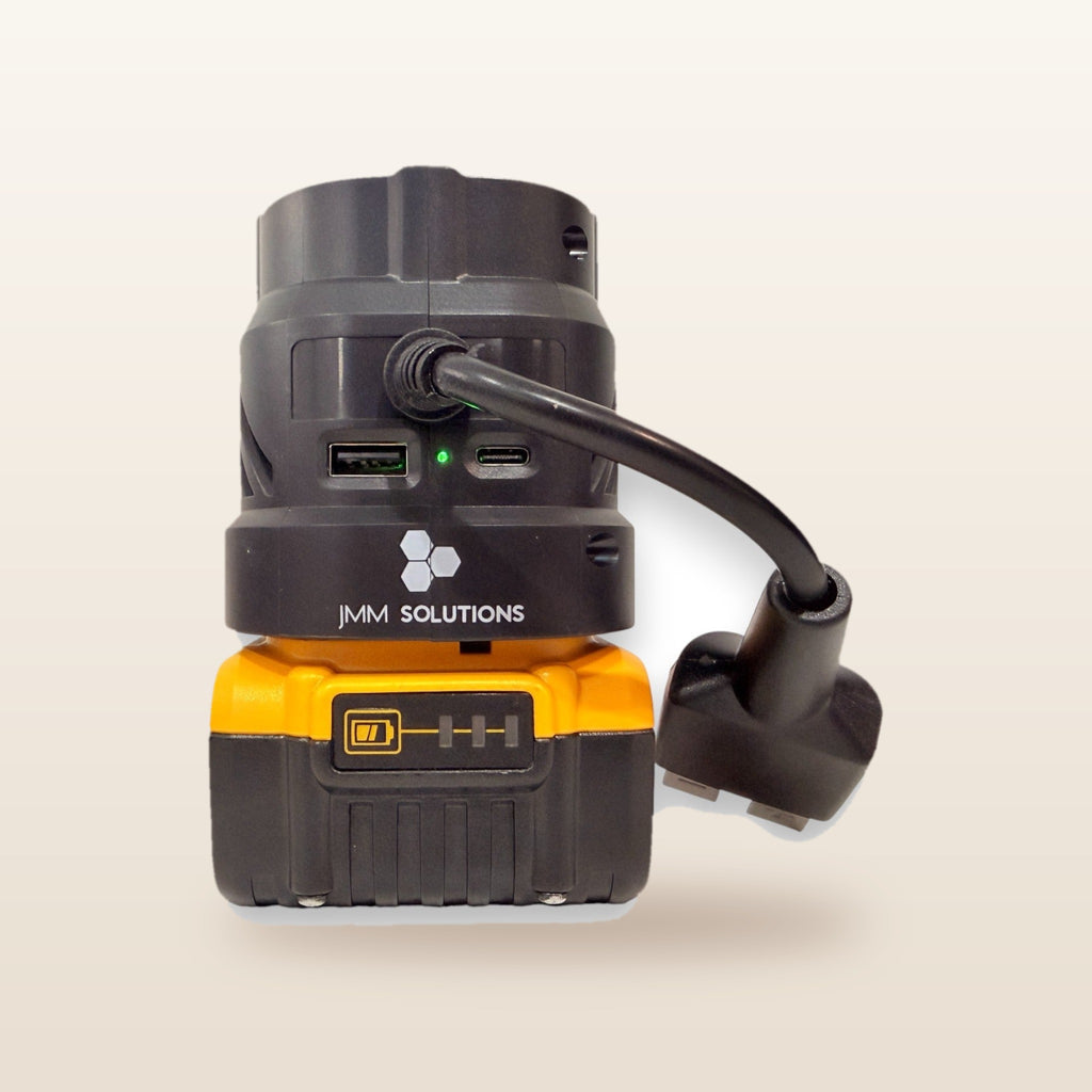 DeWalt-compatible Volt Step Down PRO: side view with USB ports and Anderson lead