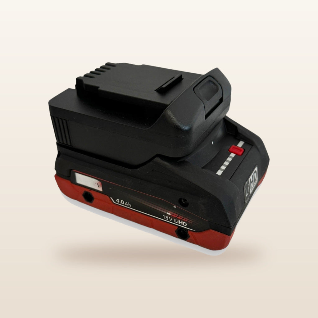 Metabo-compatible 18V to 12V Step Down Power Supply from Mr Swagman: angled view on an 18V tool battery