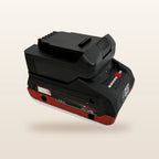 Metabo-compatible 18V to 12V Step Down Power Supply from Mr Swagman: angled view on an 18V tool battery