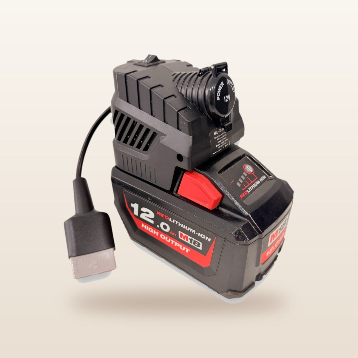 Milwaukee-compatible Volt Step Down PRO from Mr Swagman: fitted to an 18V tool battery, with Anderson plug lead