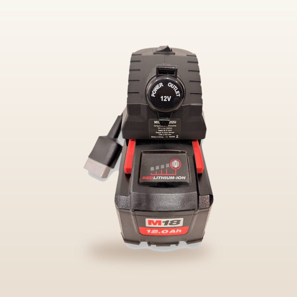 Milwaukee-compatible Volt Step Down PRO: front view showing the capped 12V socket