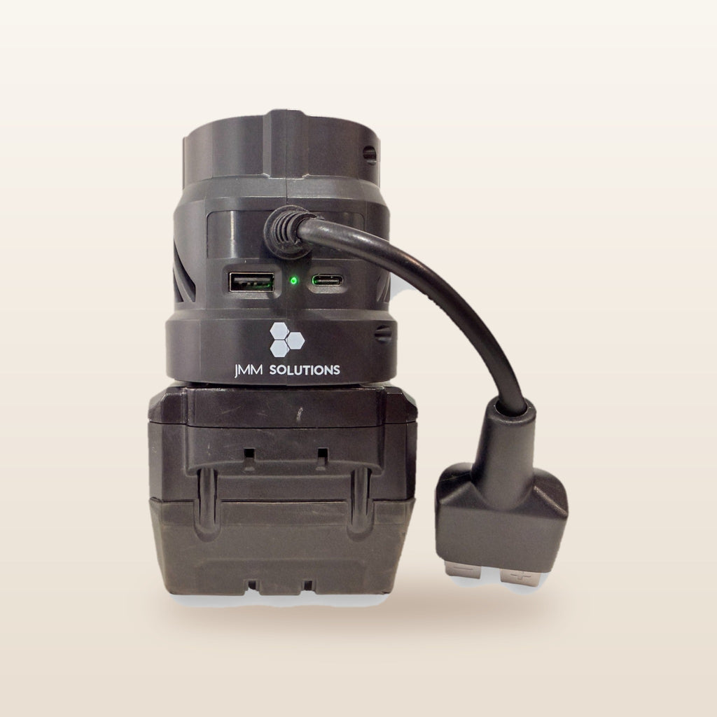 Milwaukee-compatible Volt Step Down PRO: side view with USB ports and Anderson lead