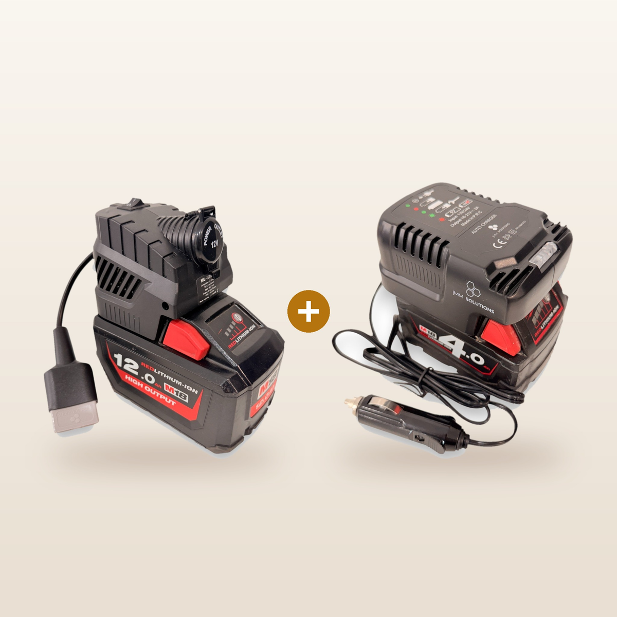 Milwaukee-compatible Volt Step Down PRO + Auto Charger Bundle from Mr Swagman: PRO unit and in-car charger on 18V batteries