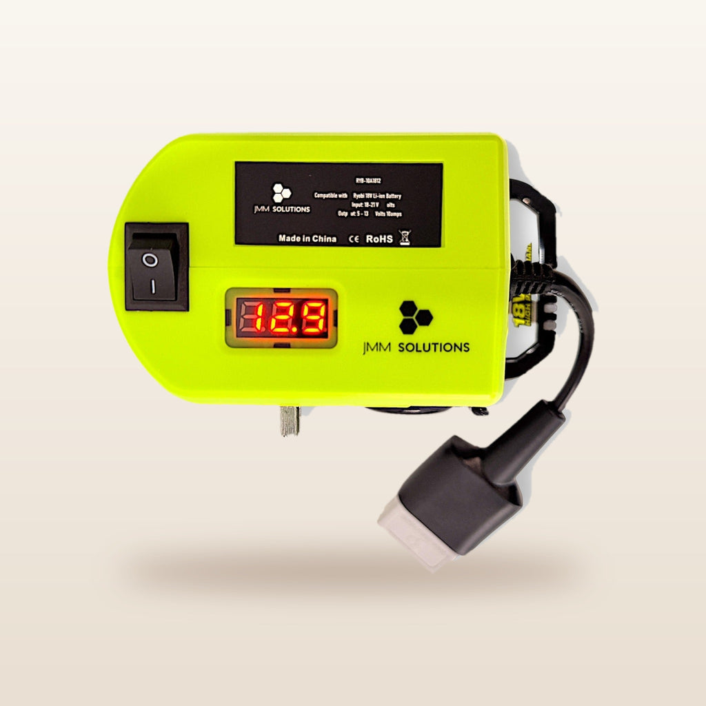 Ryobi ONE+ compatible 18V to 12V Step Down Power Supply: top view with on/off switch and voltage display