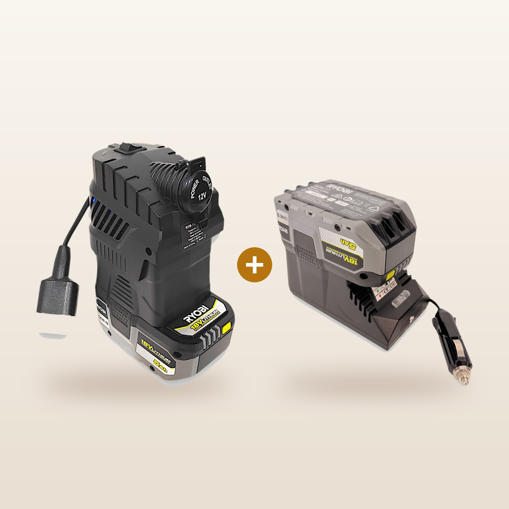 Ryobi ONE+ compatible Volt Step Down PRO + Auto Charger Bundle from Mr Swagman: PRO unit and in-car charger on 18V batteries