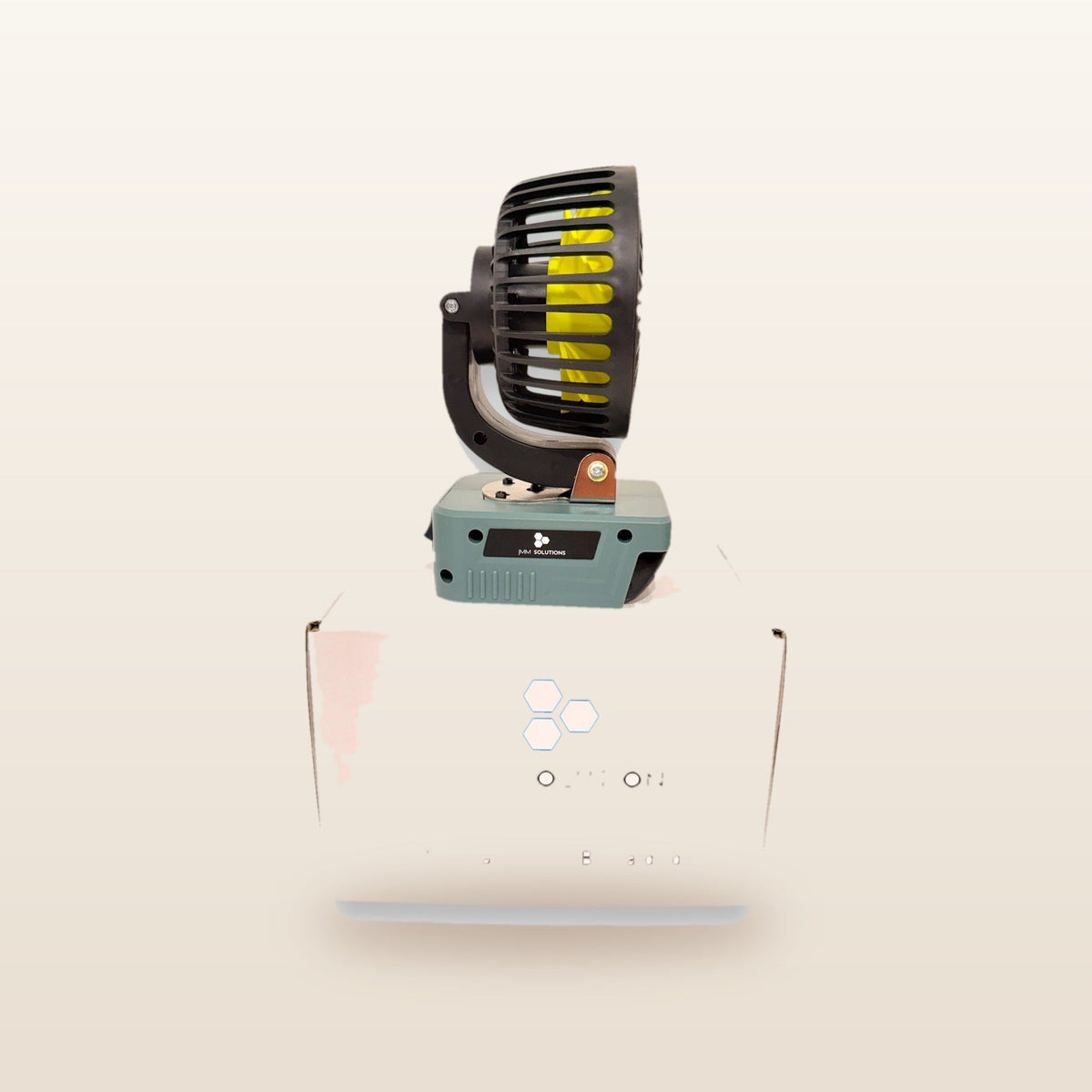 Ozito/Einhell-compatible 18V 100mm Fan: on an 18V battery, standing on its box