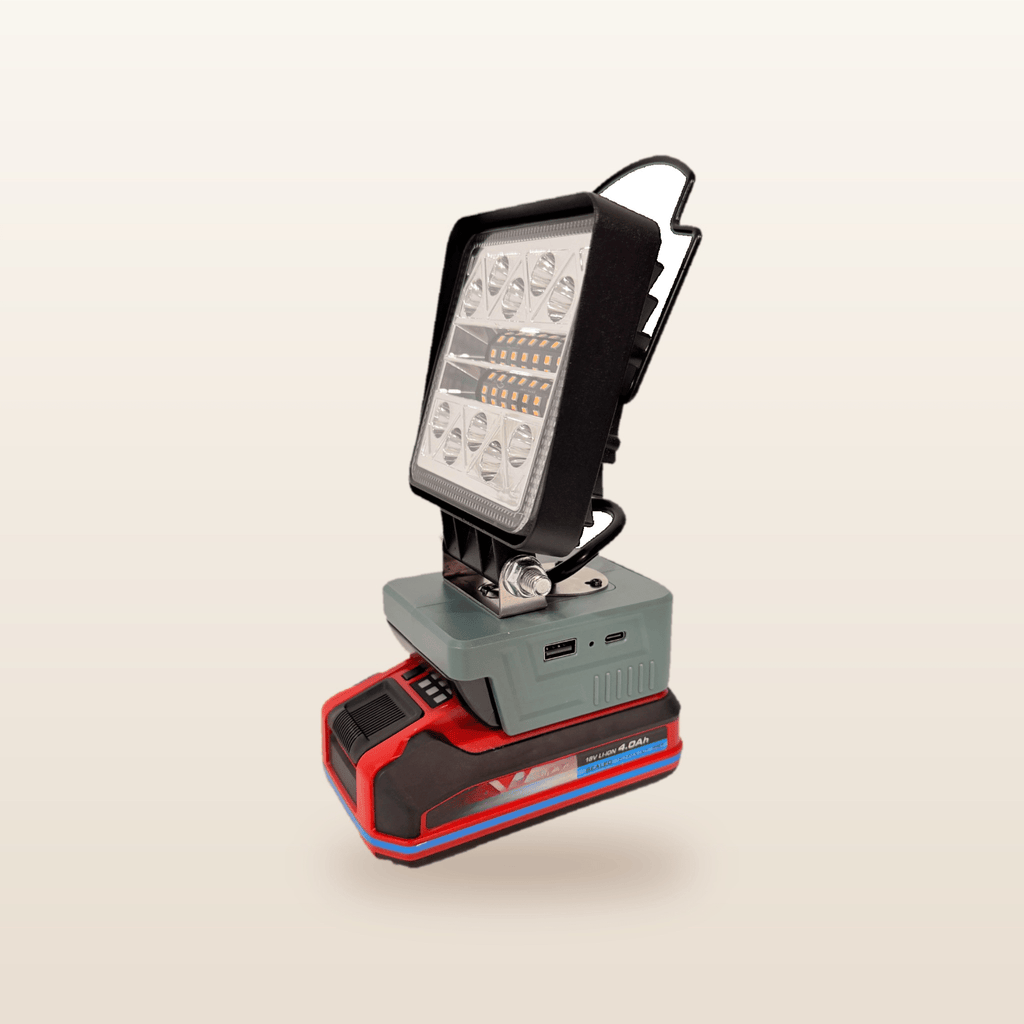 Ozito/Einhell-compatible 18V LED Camp Light: side angle on an 18V battery