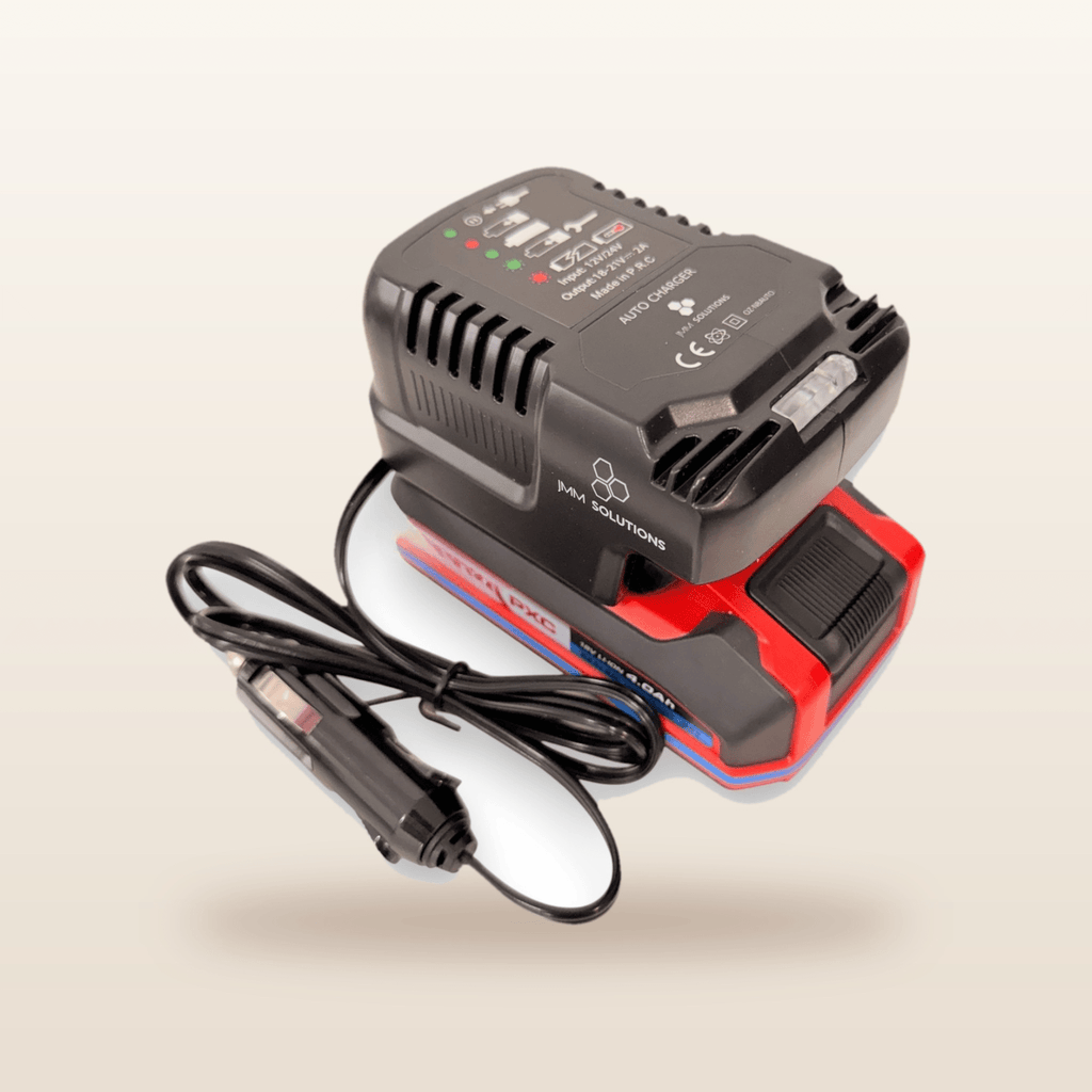 Ozito/Einhell-compatible 18V to 12V Power Supply + Auto Charger Bundle: angled view of the charger with battery and 12V lead