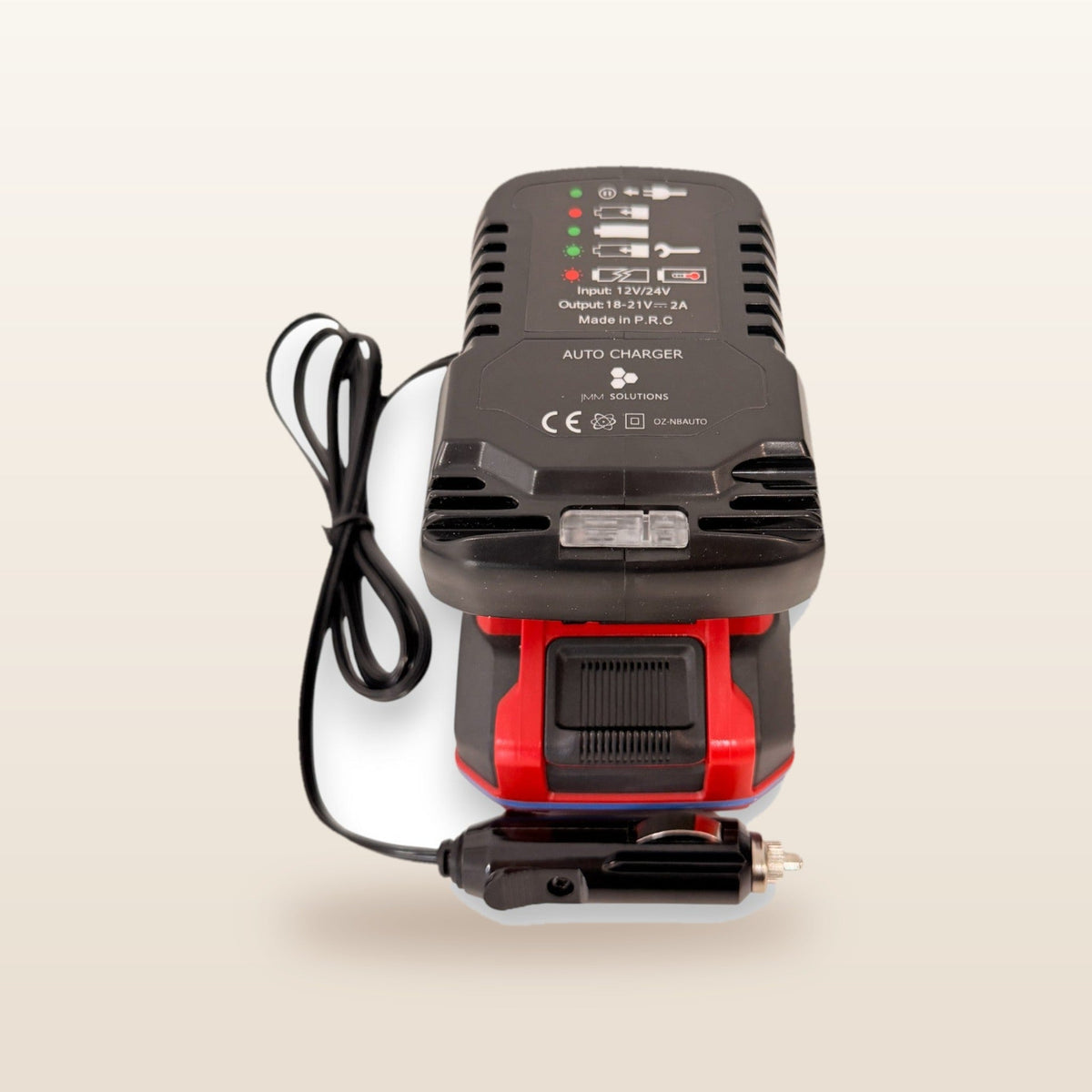 Ozito/Einhell-compatible 18V to 12V Power Supply + Auto Charger Bundle: front view with battery fitted and 12V plug lead