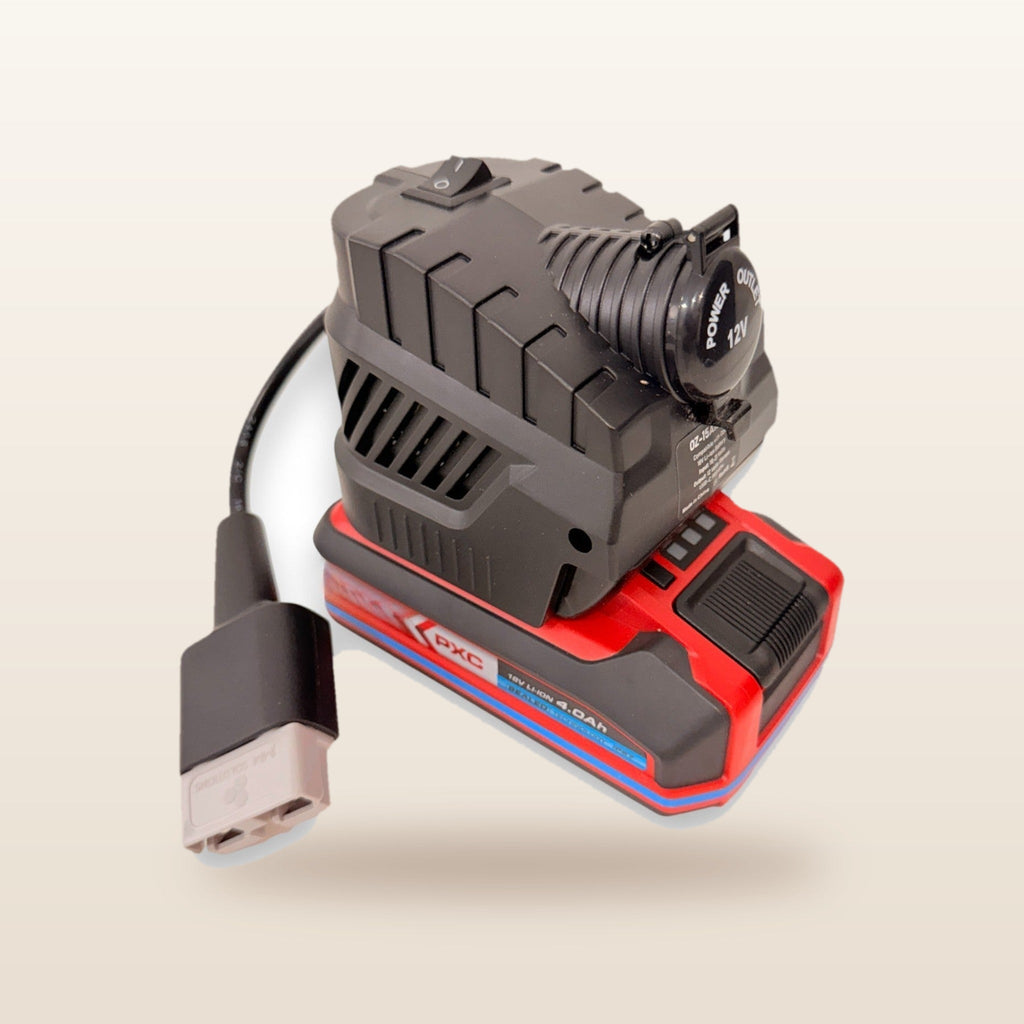 Ozito/Einhell-compatible Volt Step Down PRO + Auto Charger Bundle: fitted to an 18V tool battery, with Anderson plug lead