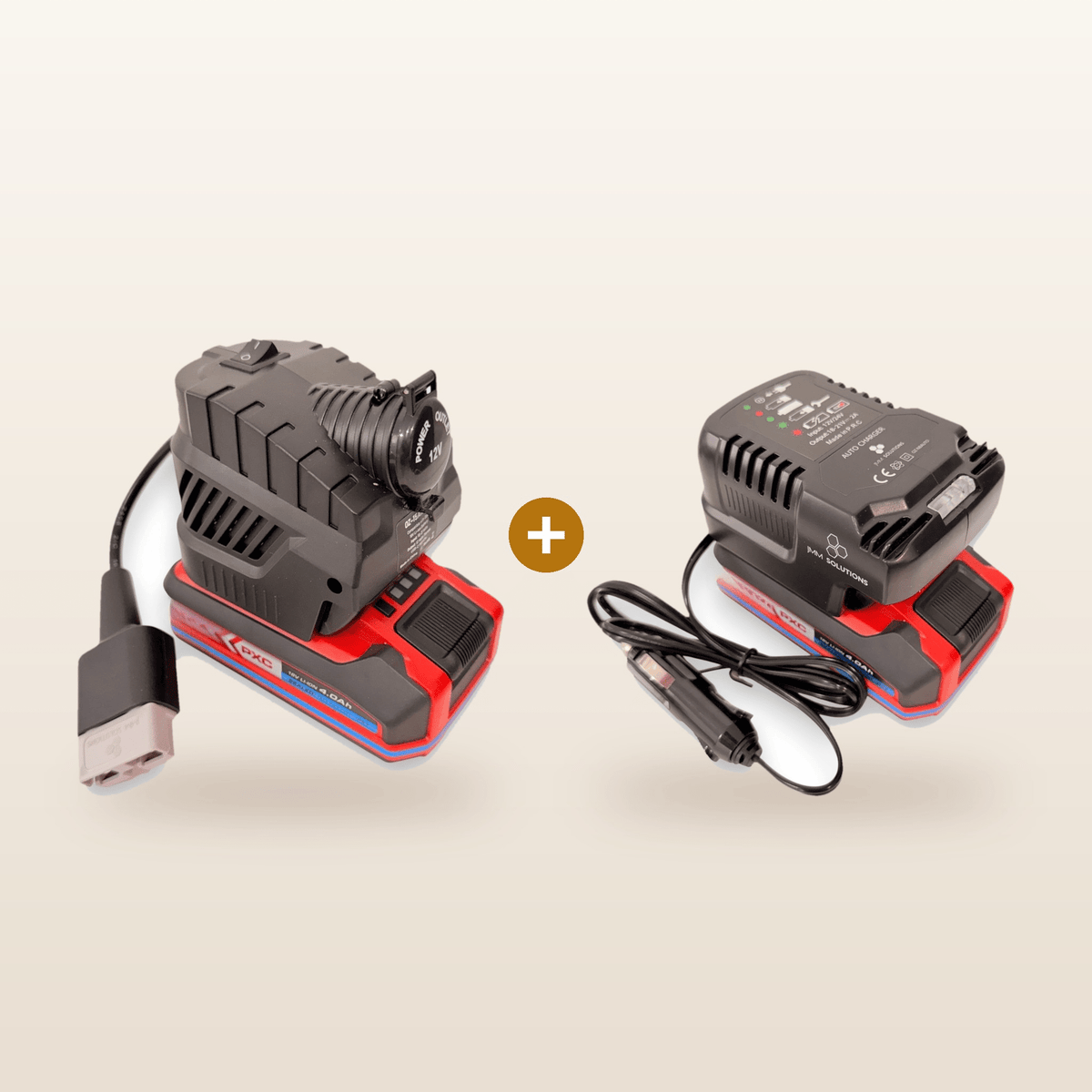 Mr Swagman Ozito/Einhell-compatible Volt Step Down PRO + Auto Charger Bundle: PRO unit and in-car charger on 18V batteries