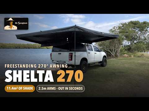 Video: Mr Swagman Shelta 270 Awning opened out from a ute by the water, showing its 270° shade and quick set-up