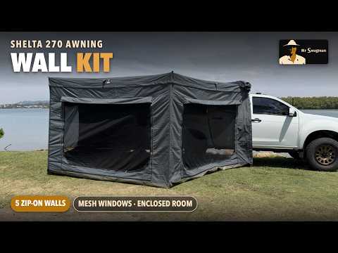 Video: Shelta 270 Awning Wall Kit zipped on to the awning beside a ute, making an enclosed room with mesh windows