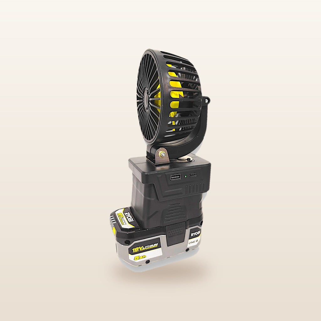Ryobi ONE+ compatible 18V 100mm Fan from Mr Swagman: on an 18V battery, angled view