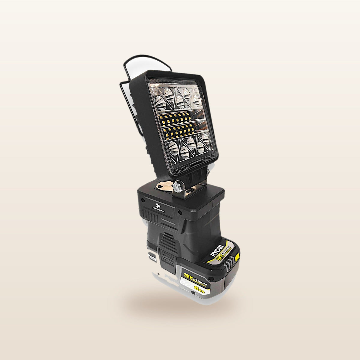 Ryobi ONE+ compatible 18V LED Camp Light: angled view on an 18V battery