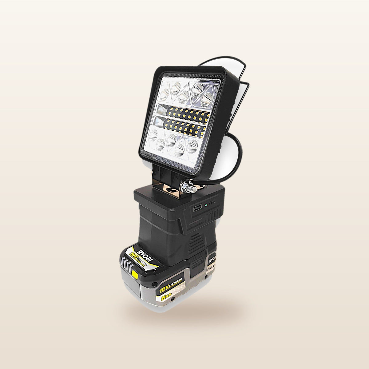 Ryobi ONE+ compatible 18V LED Camp Light: side angle on an 18V battery