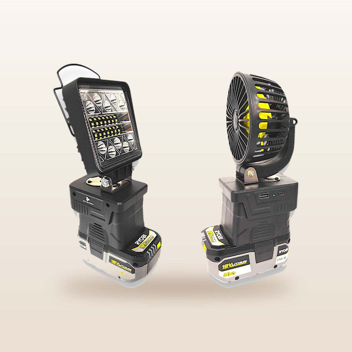 Ryobi ONE+ compatible 18V LED Light & Fan Bundle: LED light and fan side by side