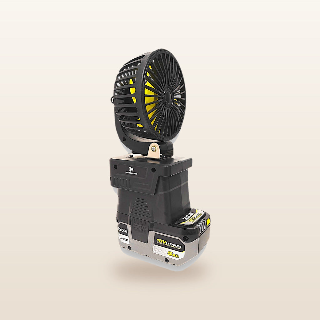Ryobi ONE+ compatible 18V LED Light & Fan Bundle: fan on an 18V battery, other side
