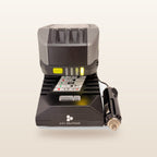 Ryobi ONE+ compatible 18V to 12V Power Supply + Auto Charger Bundle: front view with battery fitted, showing charge lights
