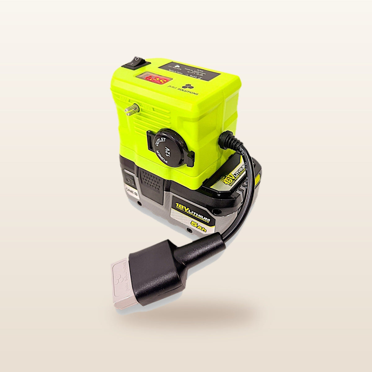 Ryobi ONE+ compatible 18V to 12V Power Supply + Auto Charger Bundle: front view on the battery