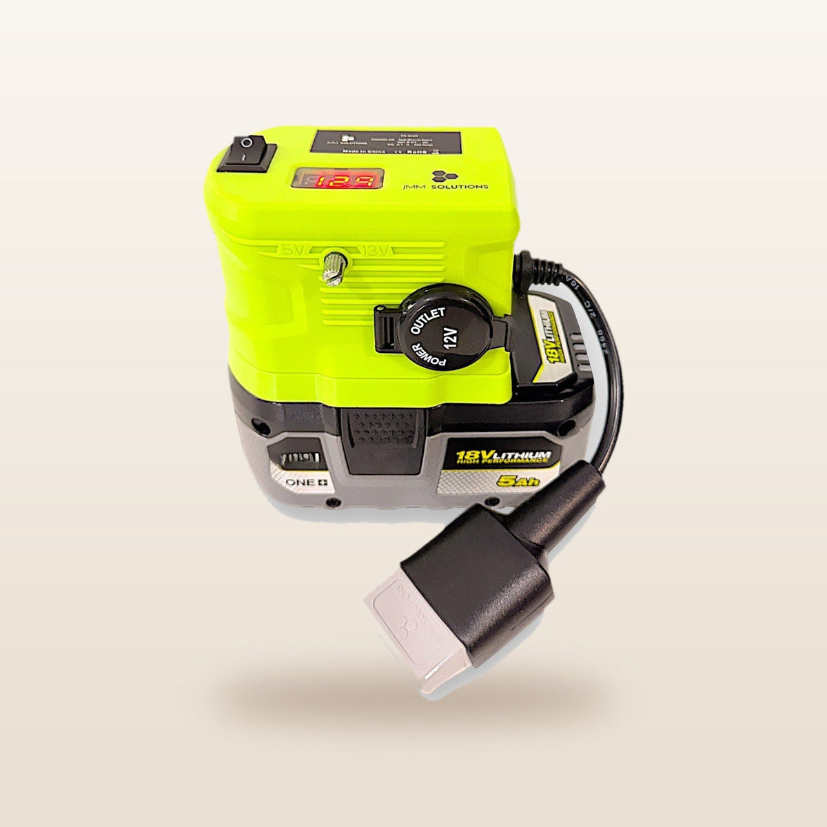 Ryobi ONE+ compatible 18V to 12V Step Down Power Supply: front view on the battery