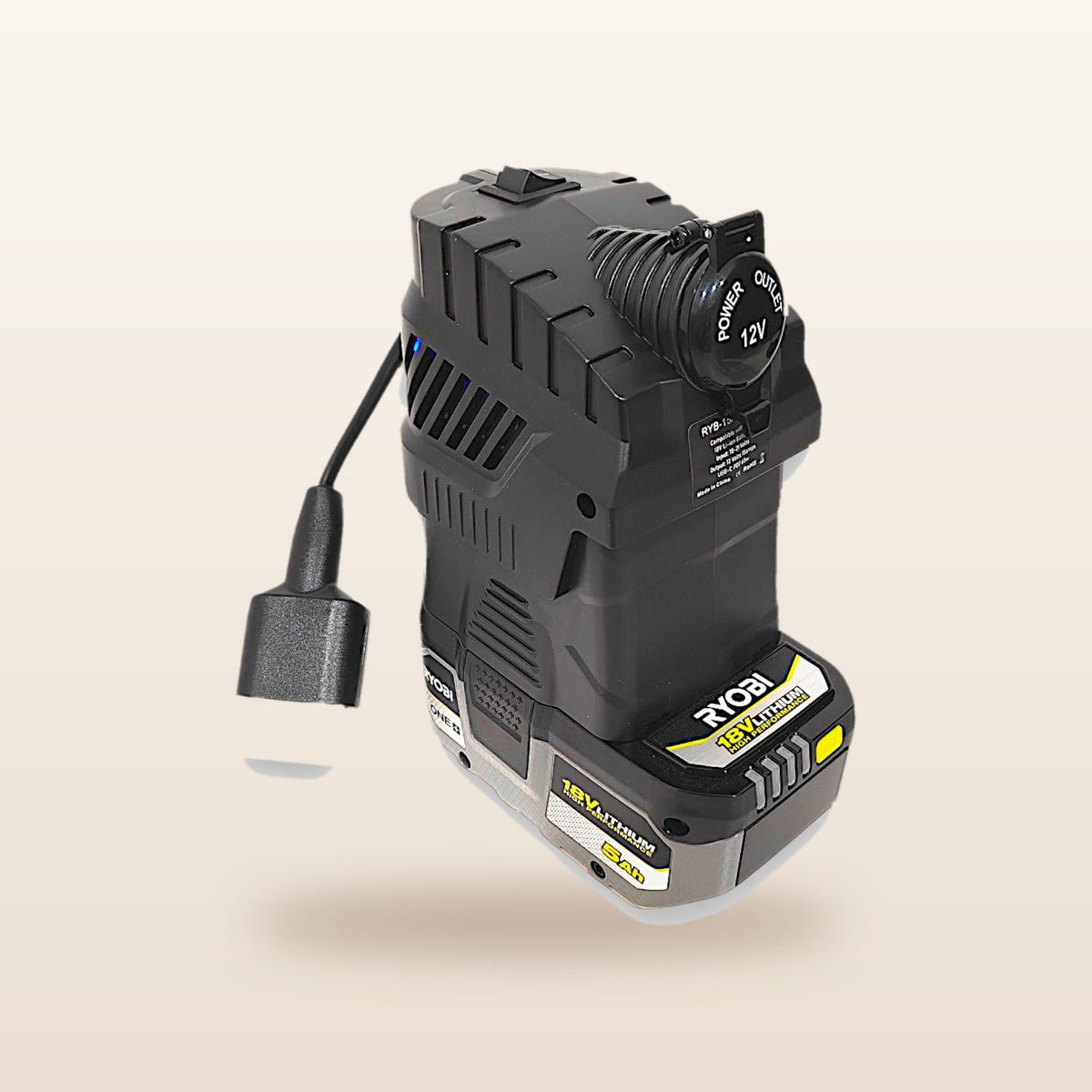 Ryobi ONE+ compatible Volt Step Down PRO from Mr Swagman: fitted to an 18V tool battery, with Anderson plug lead