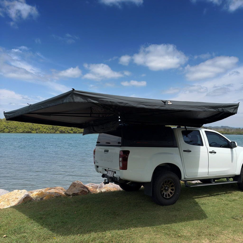 Shelta 270 awning wrapped around the rear corner of a ute, seen from the side