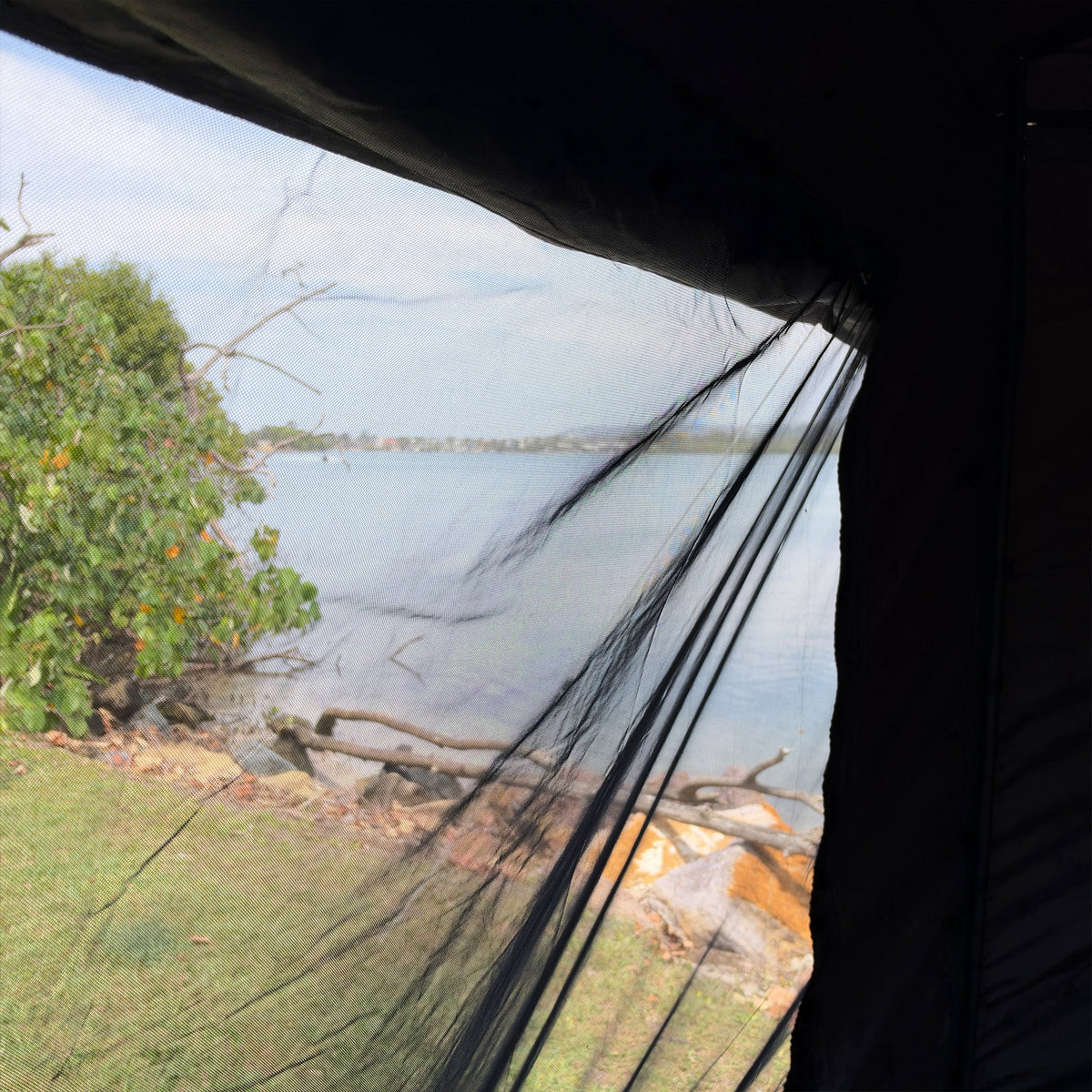 Midge mesh window in a Shelta 270 Wall Kit panel, looking out to the water