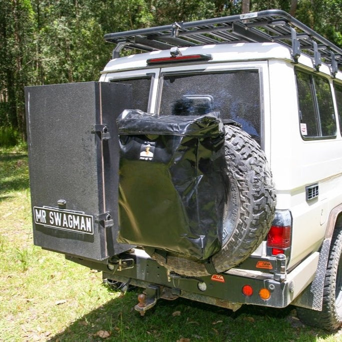 Mr Swagman Spare Wheel Storage Bag strapped to a 4WD's rear spare tyre