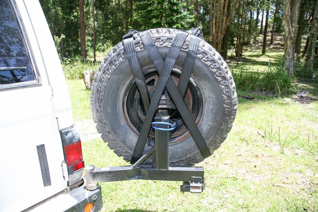 Spare Wheel Storage Bag straps fitted around a spare tyre on a wheel carrier