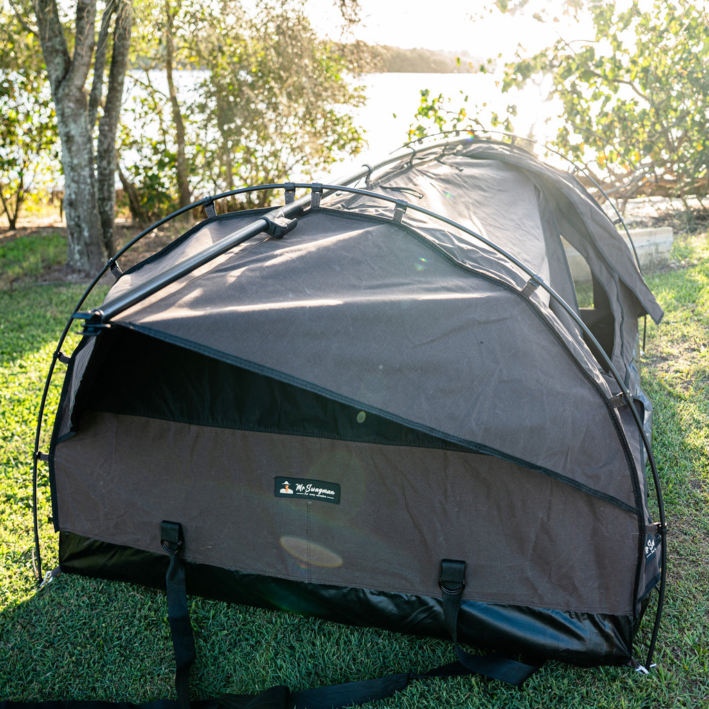 Ultimate King Double Swag dome frame and Stockman Brown canvas from the head end