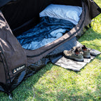Sleeping bag and pillow on the 80mm mattress inside the Ultimate King Single Swag